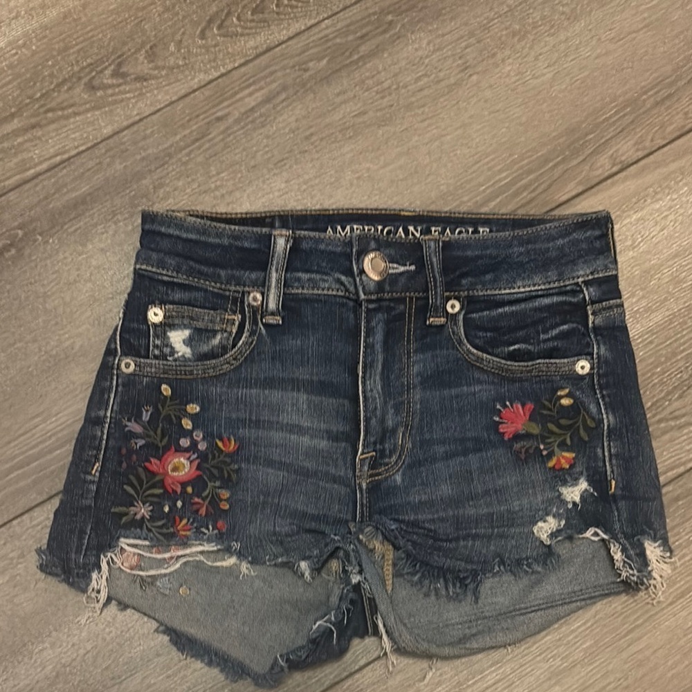 American Eagle Outfitters Blue Jean Shorts with Floral Embroidery
